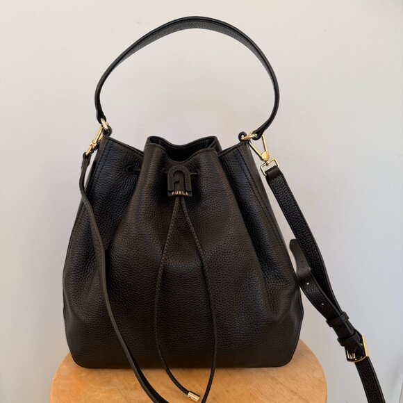 Furla Black Leather Drawstring Bucket Bag - Picture 1 of 4